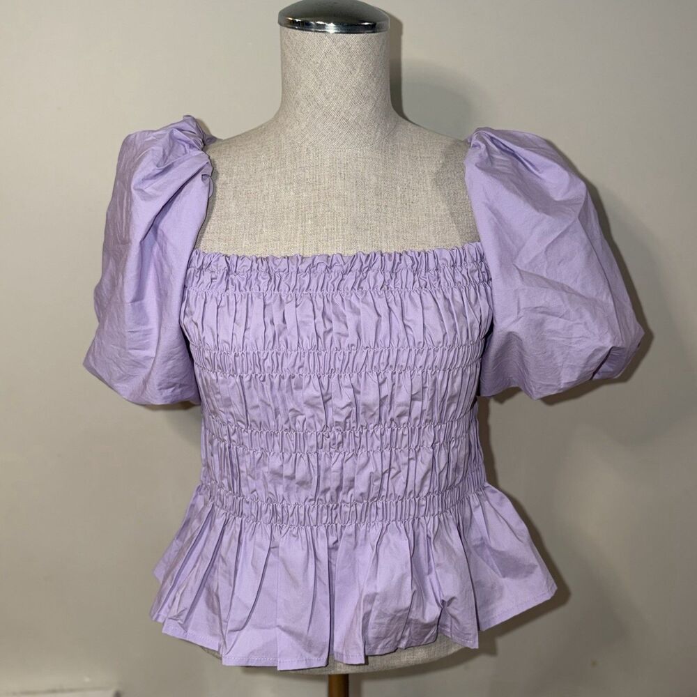 ASTR The Label Savina Top Lavender S EUC Puff Sleeve Peplum Smocked Coquette